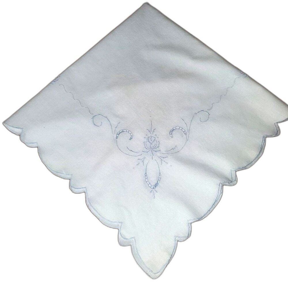 Linen Tablecloth 31" x 31" with an embroidered floral in very light blue thread